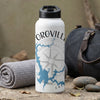 White water bottle with Oroville California map and compass design.