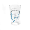 Clear glass pint glass with a map of Summersville Lake, West Virginia.