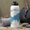 White water bottle with black lid featuring "and Valley CALI" and a map graphic.