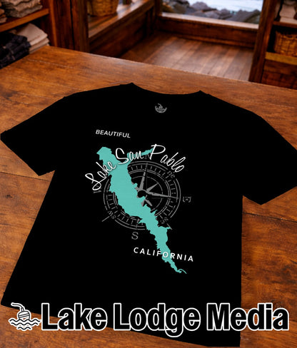 Black t-shirt with "Beautiful Lake San Pablo" map and compass graphic.