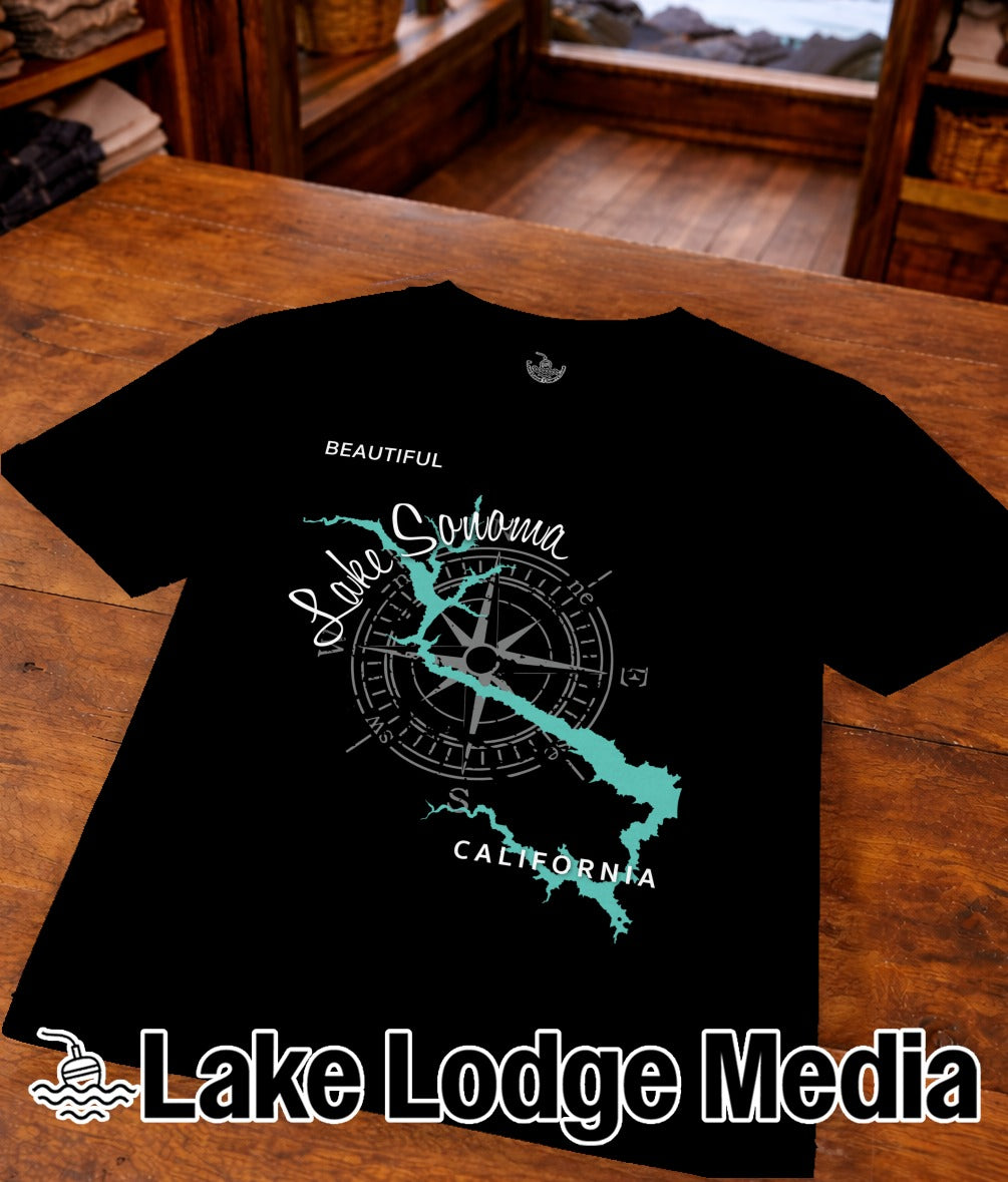 Black t-shirt with a compass, map outline, and "Beautiful Lake Sonoma California" text.