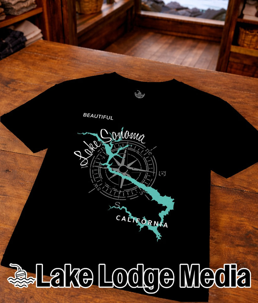 Black t-shirt with a compass, map outline, and "Beautiful Lake Sonoma California" text.