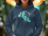 Navy blue hoodie with teal map of Clearwater Lake, Minnesota graphic on chest.