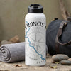 White water bottle with "Francis" and compass rose design and "south" text.