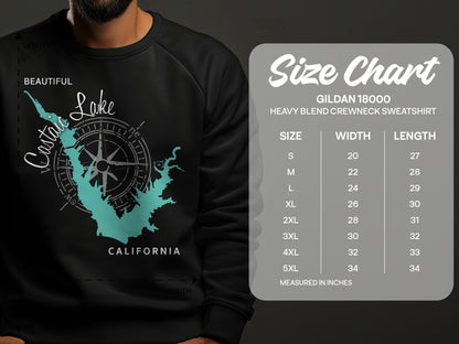 Sweatshirt with Castaic Lake graphic and Gildan 18000 size chart.