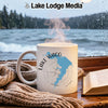 White mug with "Lake Waco Texas" map and compass design on a rainy day.