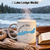 White mug with Geneva Lake Wisconsin map and compass design.