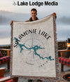 Blanket with Salemonie Lake map and compass design, "Lake Lodge Media" text.