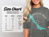 Comfort Colors 1717 heavyweight adult tee size chart with width and length measurements in inches.