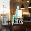Turquoise lake silhouette sticker with "Bomoseen Life" text.