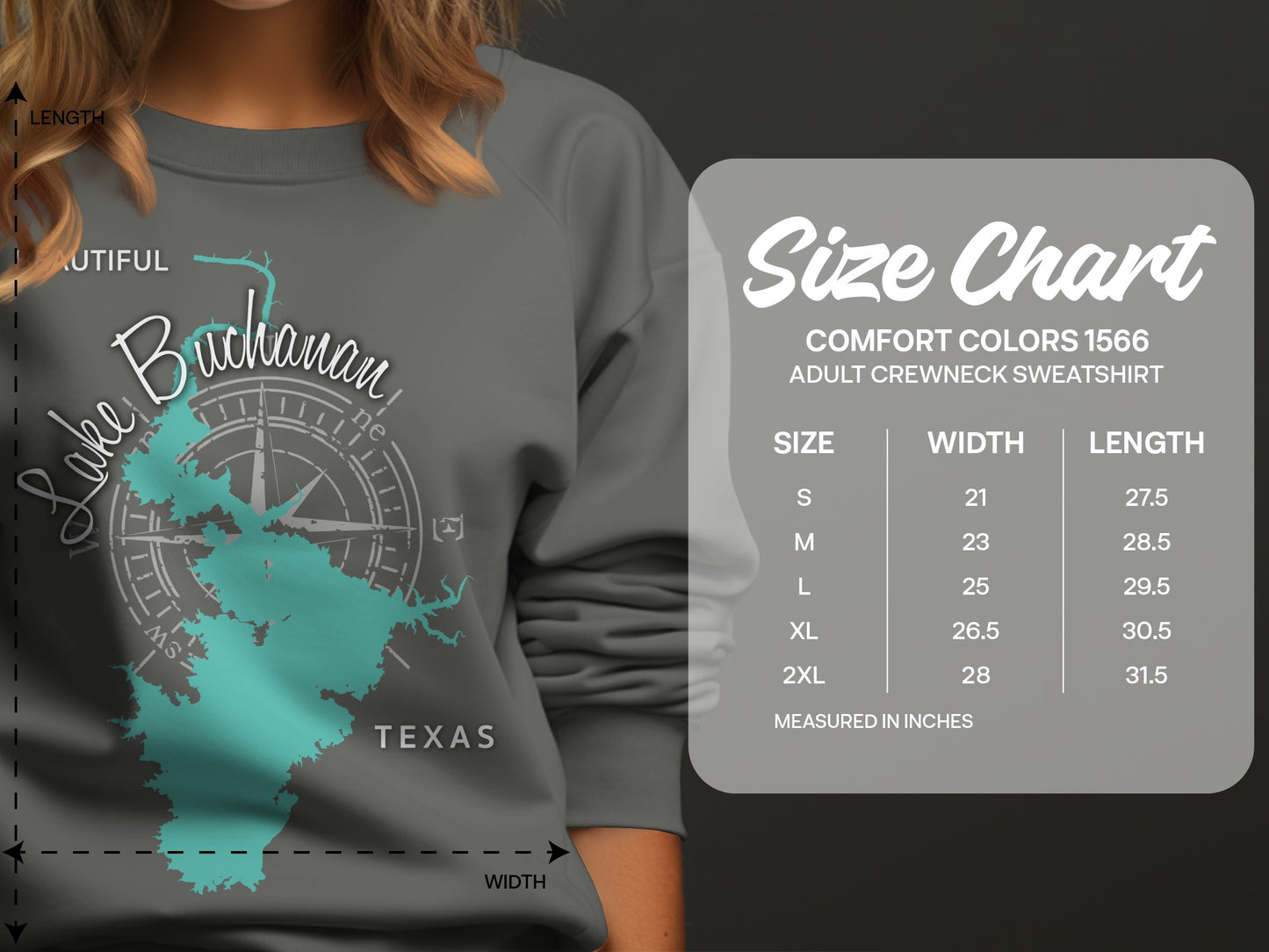Lake Buchanan Texas graphic on sweatshirt with size chart.