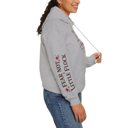 Fear Not Little Flock Hoodie with Printed Sleeves | Luke 12:32 Scripture Heart Design Bible Verse Gift | Share your faith