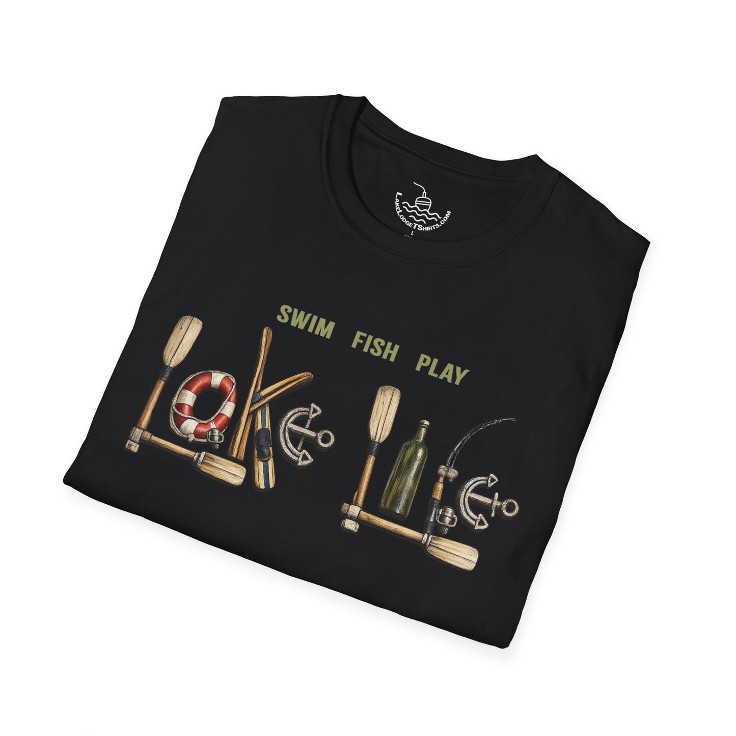 Lake Life T-Shirt | Boat Oars Life Preserver Anchor Letters Rustic Design | Fishing Water Skiing Gift Tee