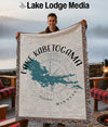 Woven blanket featuring Lake Kabetogama map, Minnesota and Lake Lodge Media text.