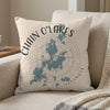 Decorative pillow with blue map of Chain O'Lakes, Illinois and copyright text.