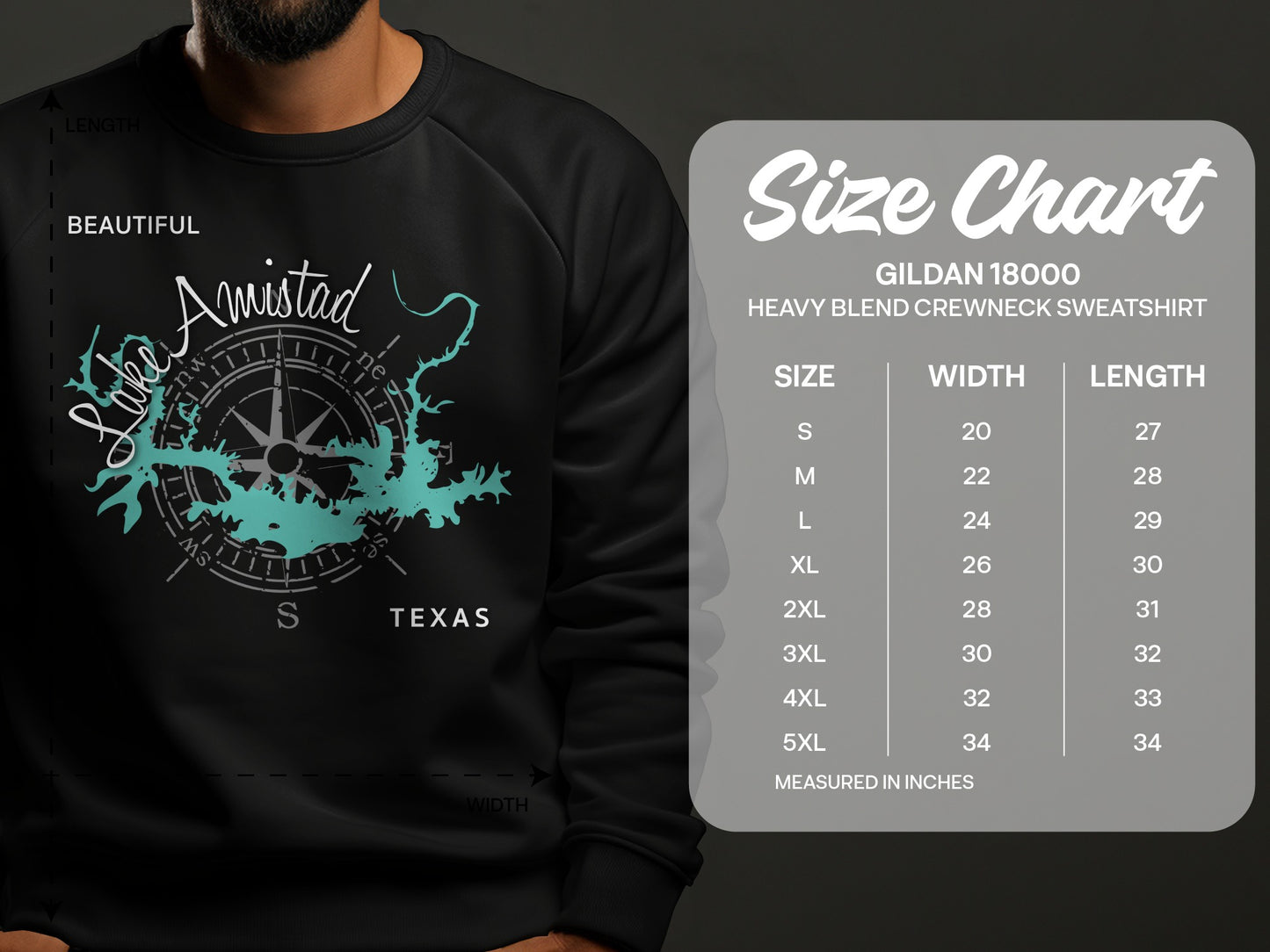Sweatshirt with Lake Amistad Texas graphic and size chart.