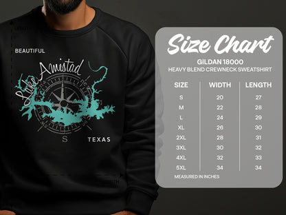 Sweatshirt with Lake Amistad Texas graphic and size chart.