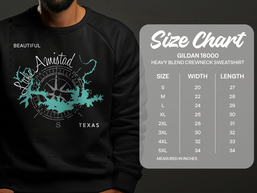 Sweatshirt with Lake Amistad Texas graphic and size chart.