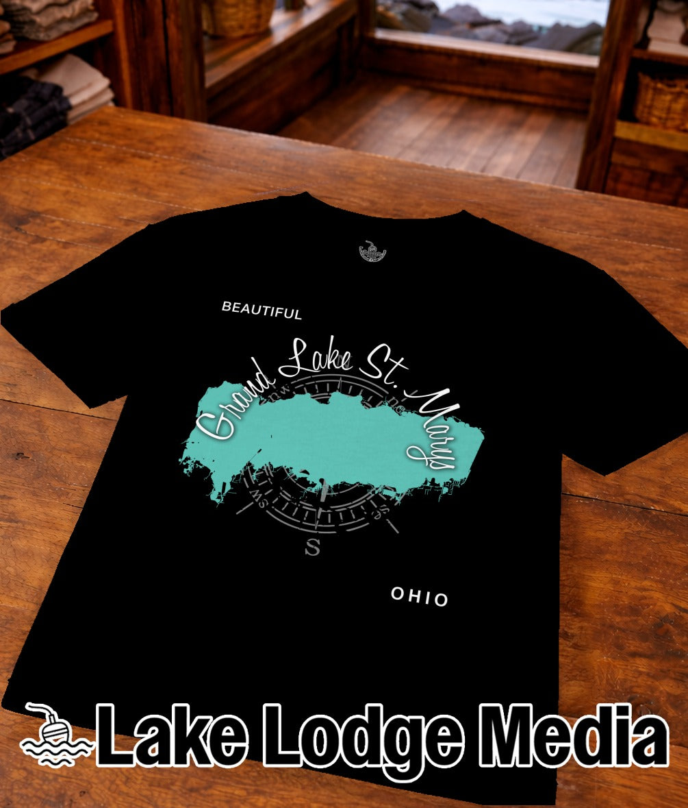 Black t-shirt with "Beautiful Grand Lake St. Marys Ohio" and compass graphic.