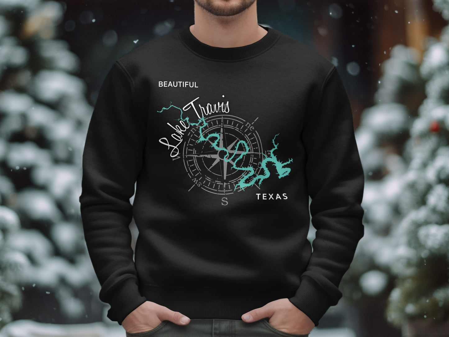 Black sweatshirt with "Beautiful Lake Travis Texas" and compass graphic.