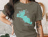 Olive green t-shirt with turquoise Clearwater Lake map and compass graphic.