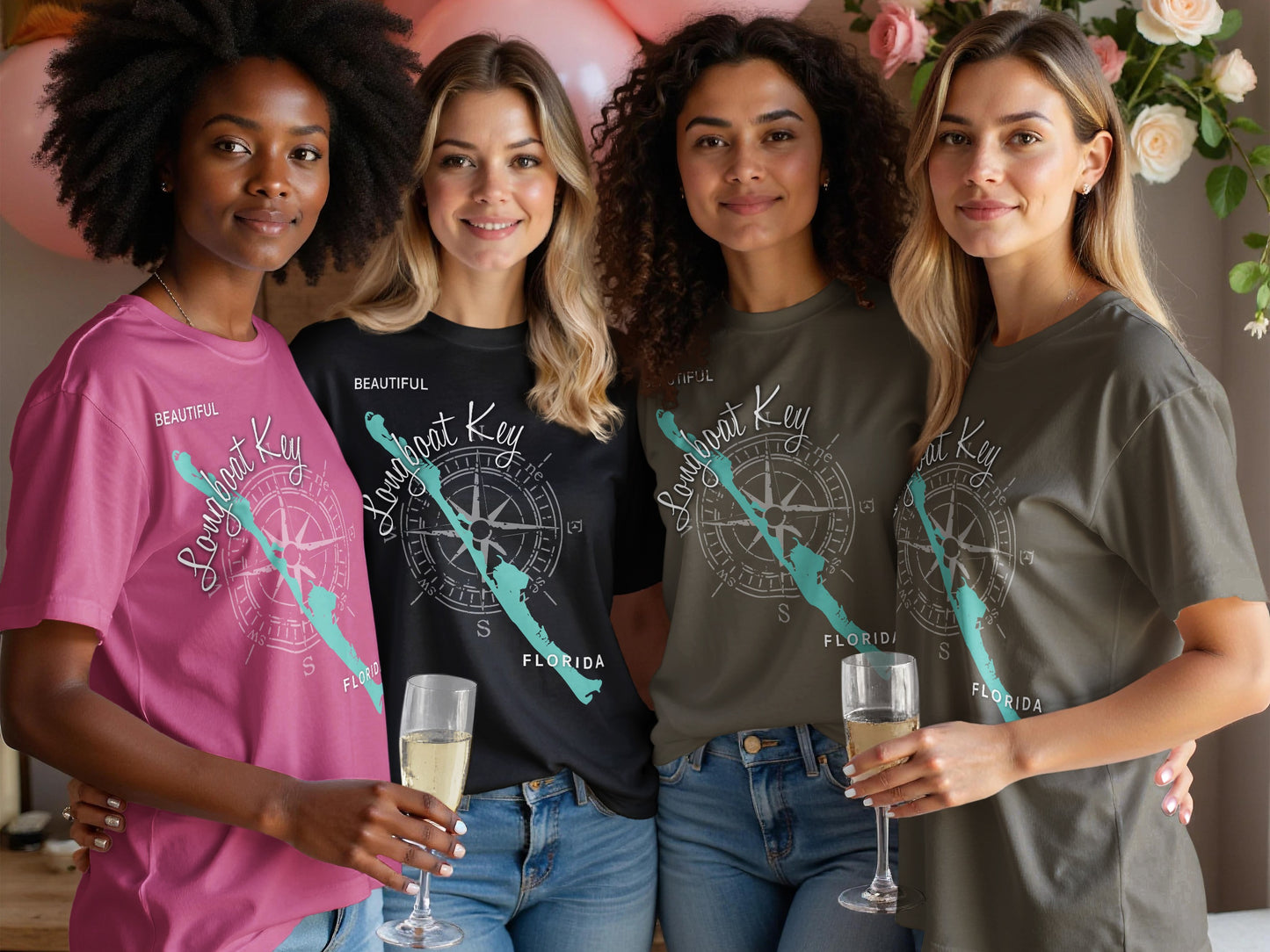 Four women wearing t-shirts with a compass design and "Longboat Key Florida".