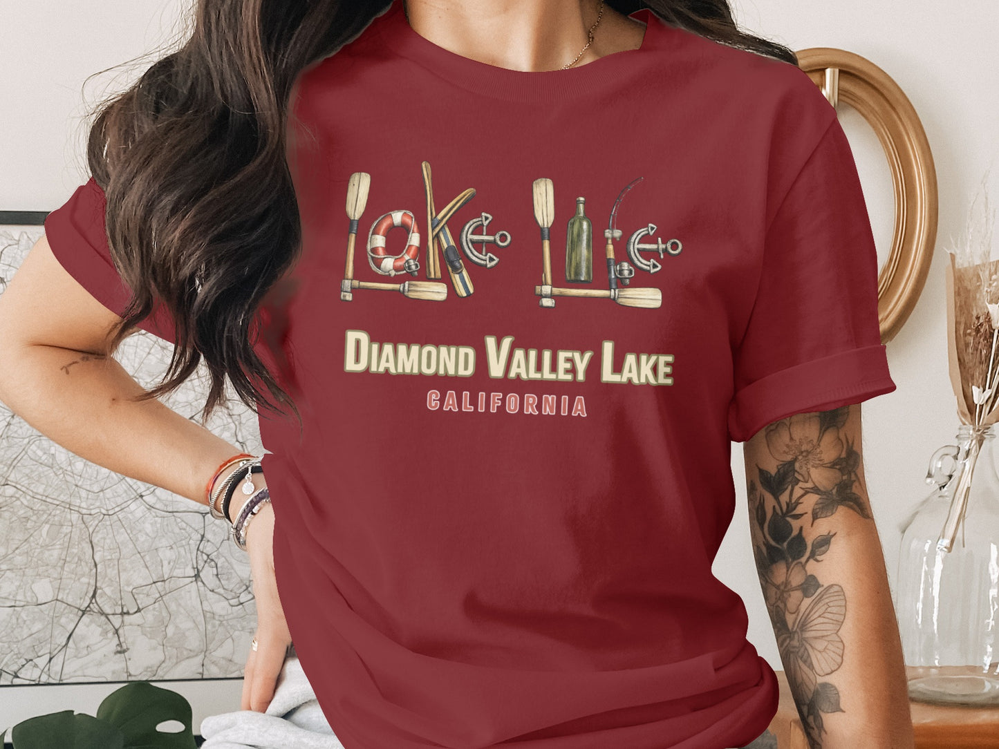 Burgundy t-shirt with "Diamond Valley Lake California" and nautical graphics.