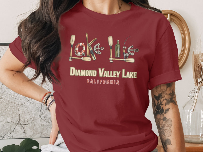 Burgundy t-shirt with "Diamond Valley Lake California" and nautical graphics.