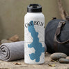 White water bottle with blue Okoboji lake map and compass graphic.