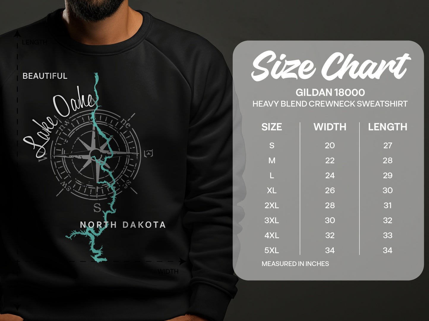 Lake Oake North Dakota graphic on sweatshirt with Gildan 18000 size chart.