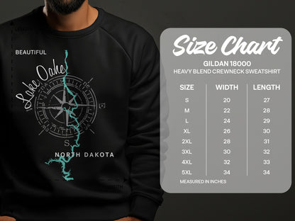 Lake Oake North Dakota graphic on sweatshirt with Gildan 18000 size chart.