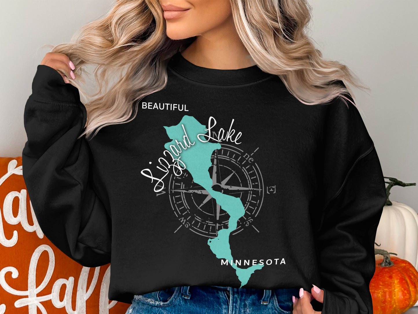 Black sweatshirt with "Lizard Lake Minnesota" map and compass graphic.