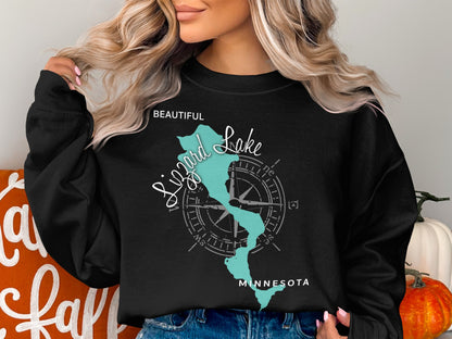 Black sweatshirt with "Lizard Lake Minnesota" map and compass graphic.