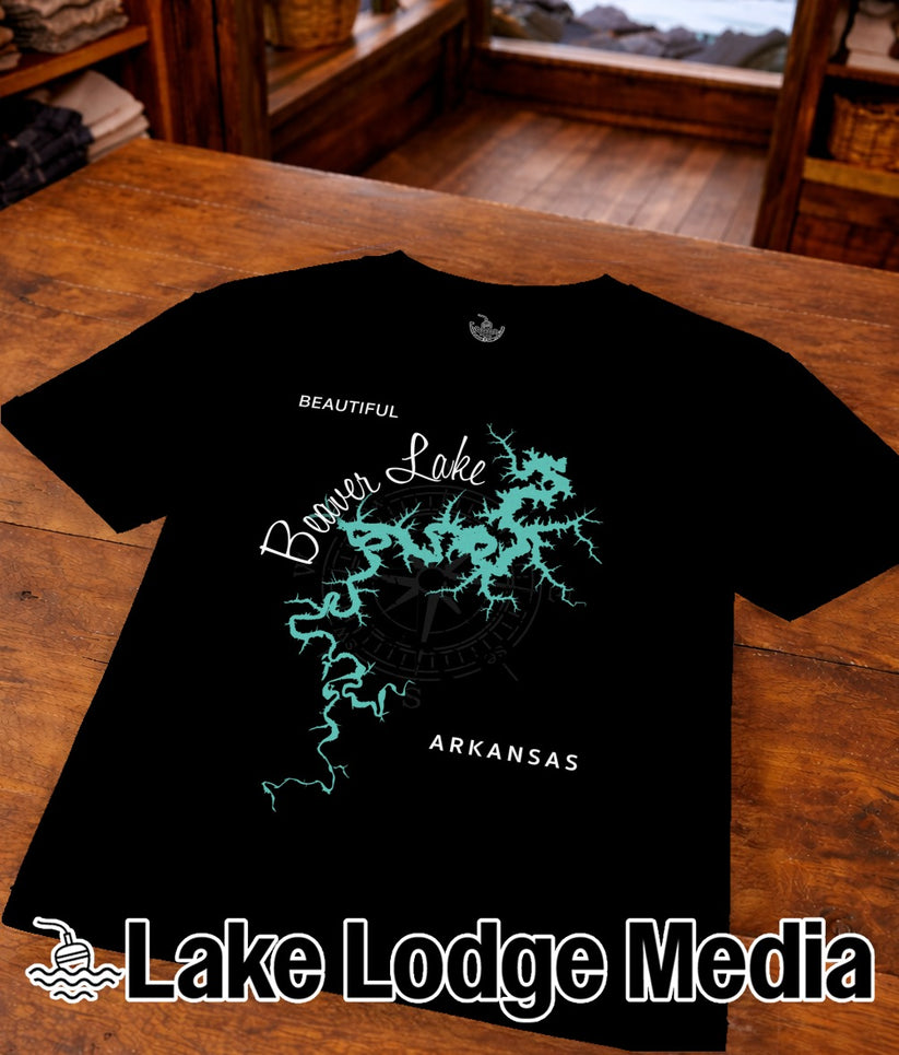Black t-shirt with "Beautiful Beaver Lake Arkansas" and a compass rose map.