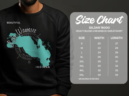Lake Wawasee map on black sweatshirt with Gildan size chart.