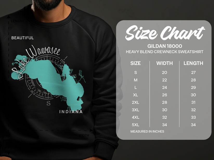 Lake Wawasee map on black sweatshirt with Gildan size chart.