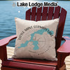 Pillow with Little Saint Germain Lake Wisconsin map and compass graphic.