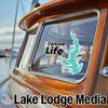 Conroe Life sticker on a boat window with Lake Lodge Media graphic below.