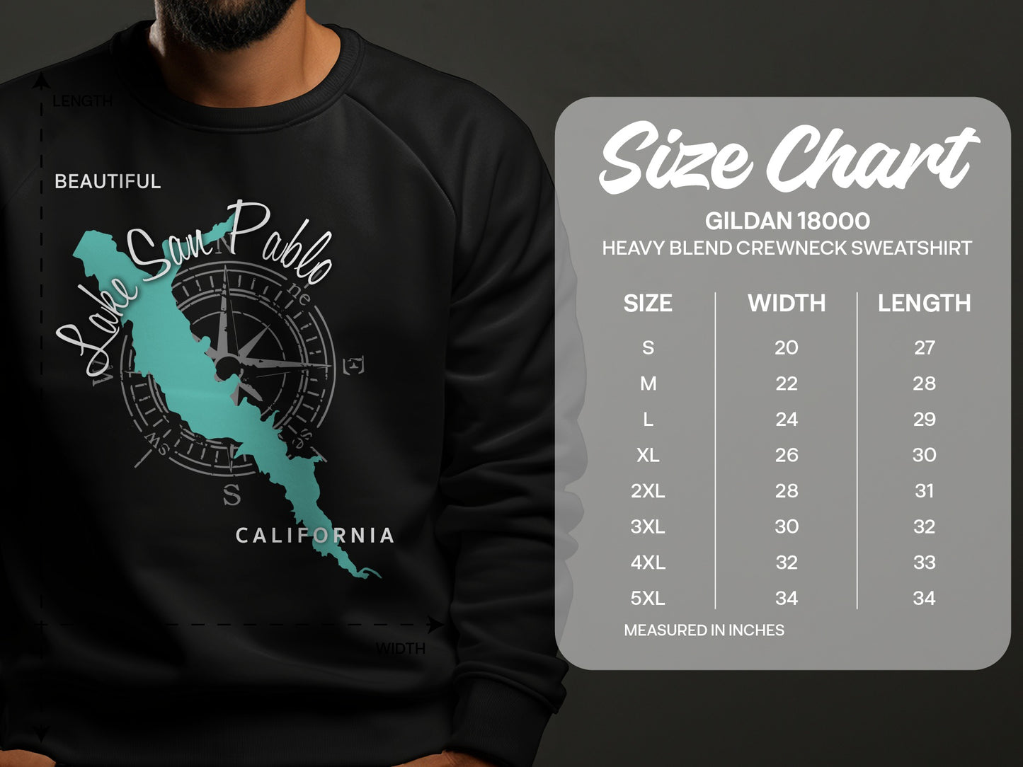 Black sweatshirt with Lake San Pablo map and Gildan 18000 size chart.