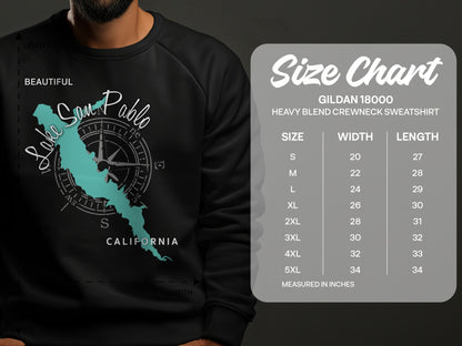 Black sweatshirt with Lake San Pablo map and Gildan 18000 size chart.