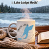 White mug with "Snow Lake Washington" and a blue lake silhouette design.