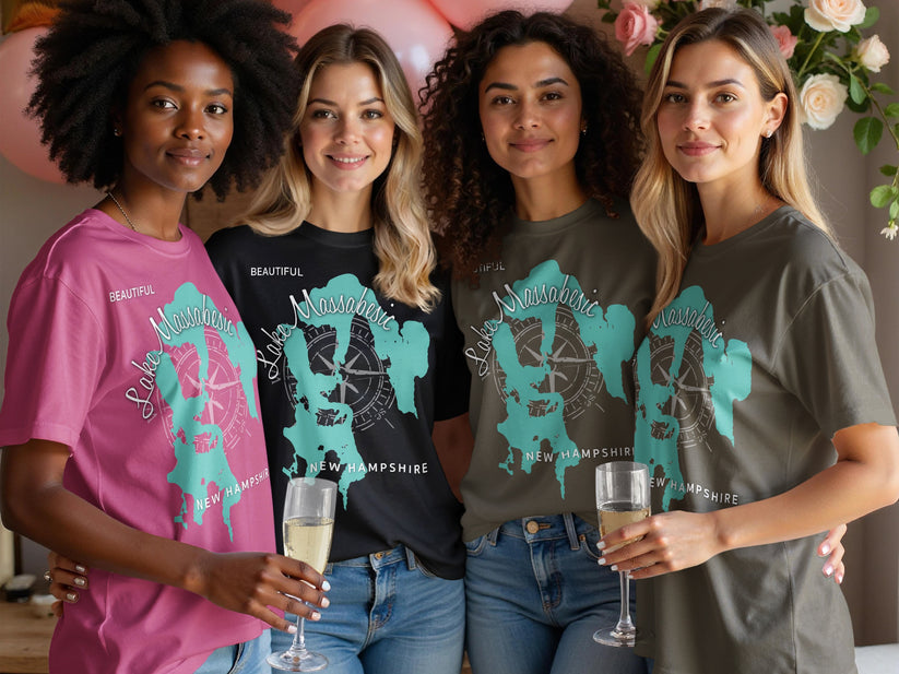 Four women wearing t-shirts with "Lake Massabesic New Hampshire" map design.