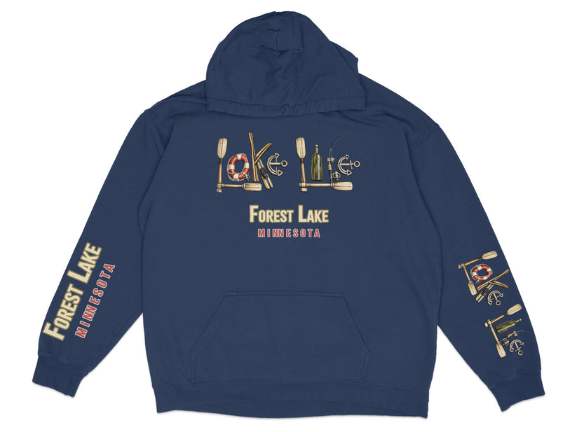 Navy hoodie with "Forest Lake Minnesota" text and nautical graphics.