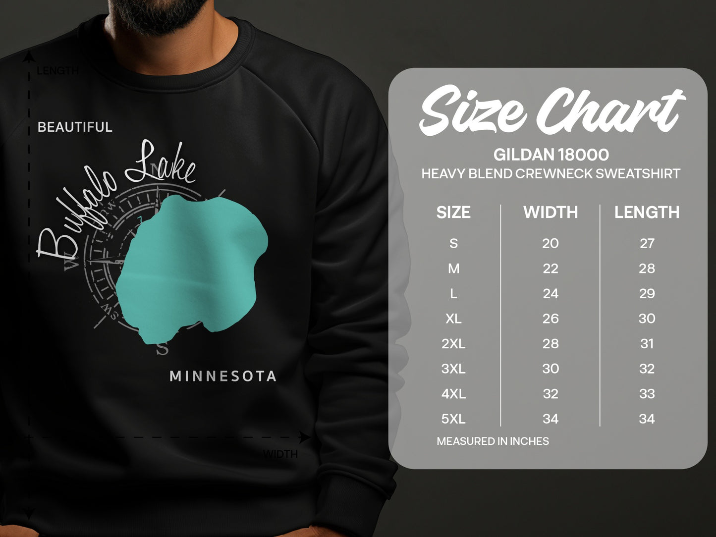 Sweatshirt with Buffalo Lake graphic and size chart.