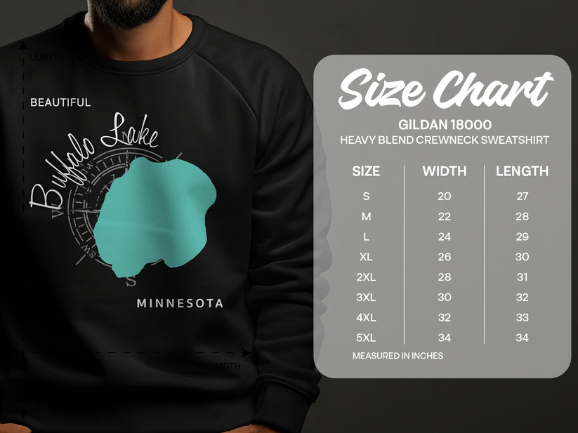 Sweatshirt with Buffalo Lake graphic and size chart.