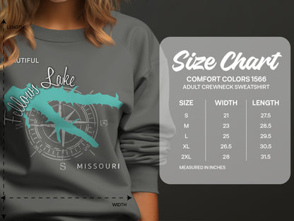 Grey sweatshirt with "Fellows Lake Missouri" map and size chart.