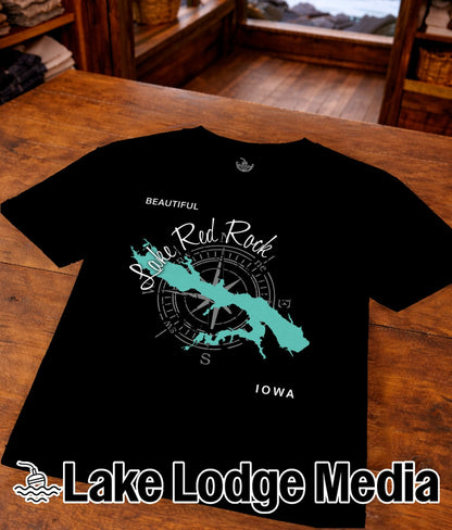 Black t-shirt with map graphic of Red Rock Lake, Iowa.