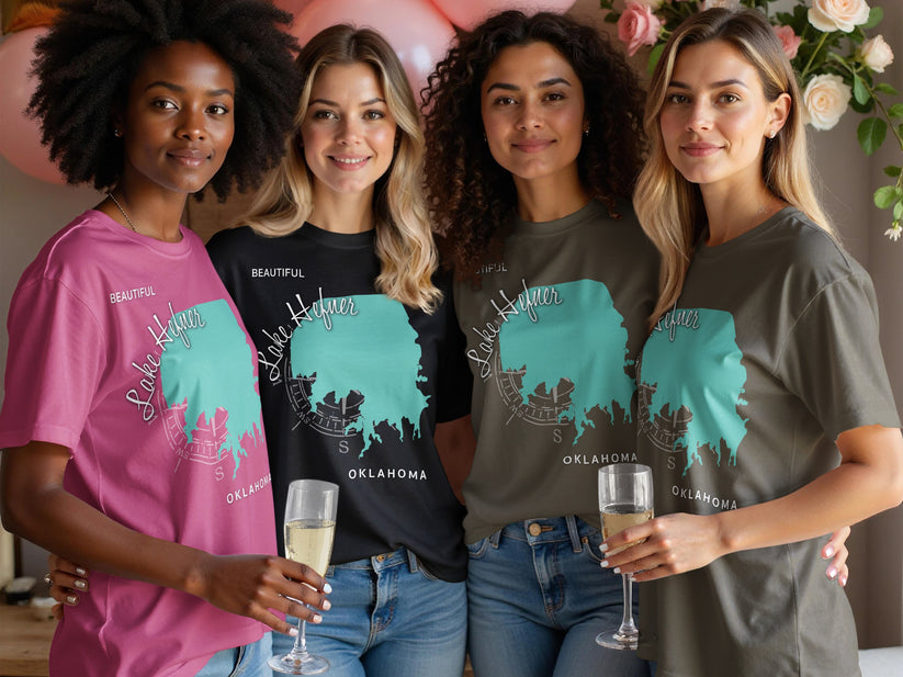 Four women wear t-shirts with Lake Hefner Oklahoma map and compass design.