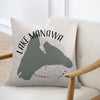 Pillow with Lake Manawa, Iowa shape and compass rose graphic.