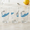 Three clear glasses featuring a blue map of Lake Erie and compass rose design.